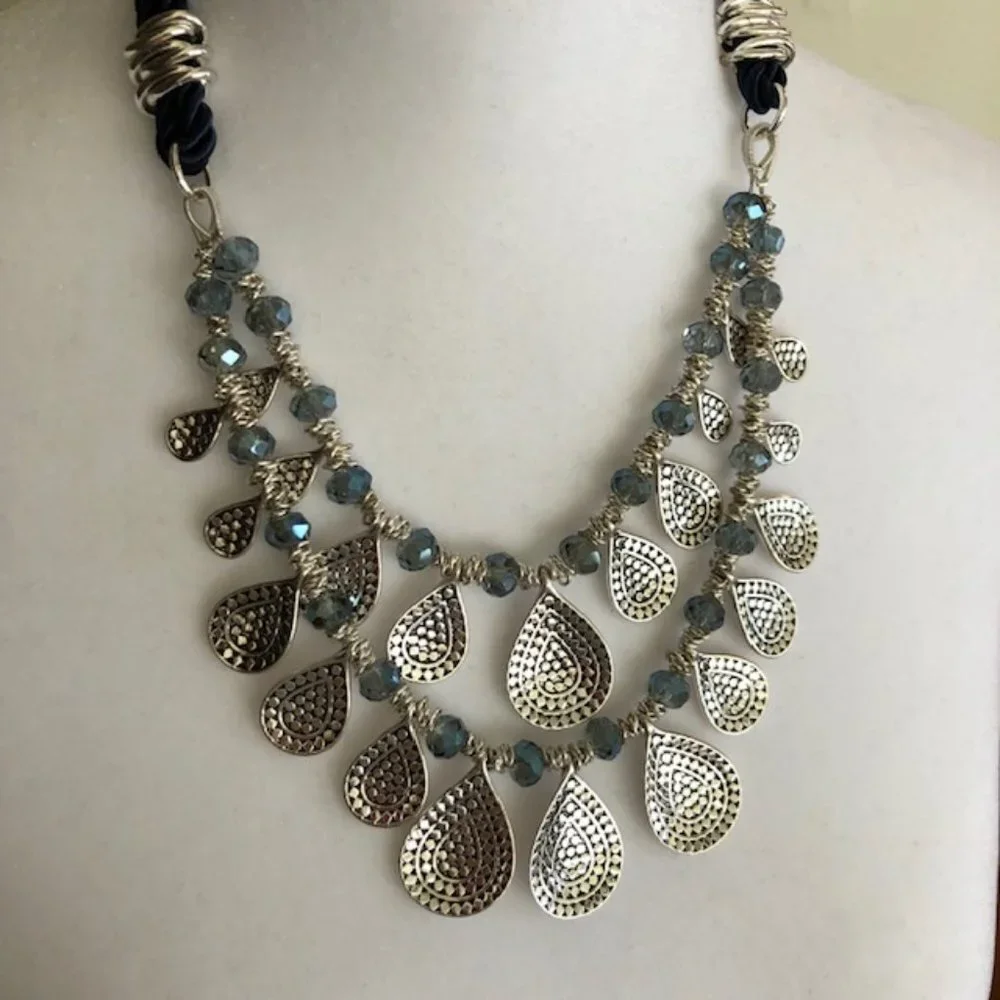 VINEYARD HAVEN Statement 2 Strand Silvertone/Blue Rope Necklace NWT